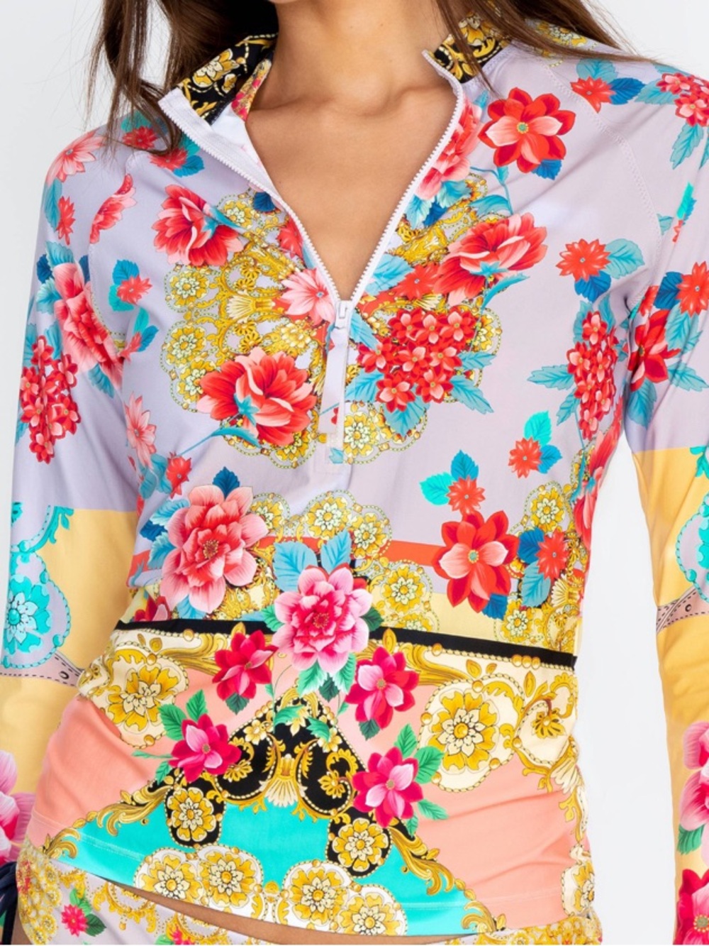Johnny Was JAPER SURF SHIRT Floral half Zip-Front Long Sleeve Top rash guard